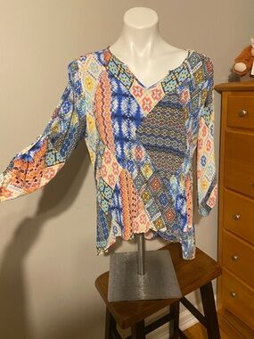 Ruby Rd. Multicolor Patchwork V-Neck Blouse